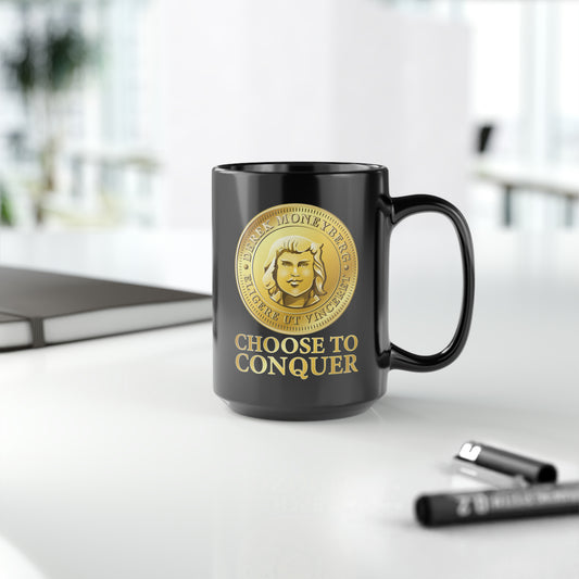 Mug, 15 oz Black - Choose To Conquer Coin