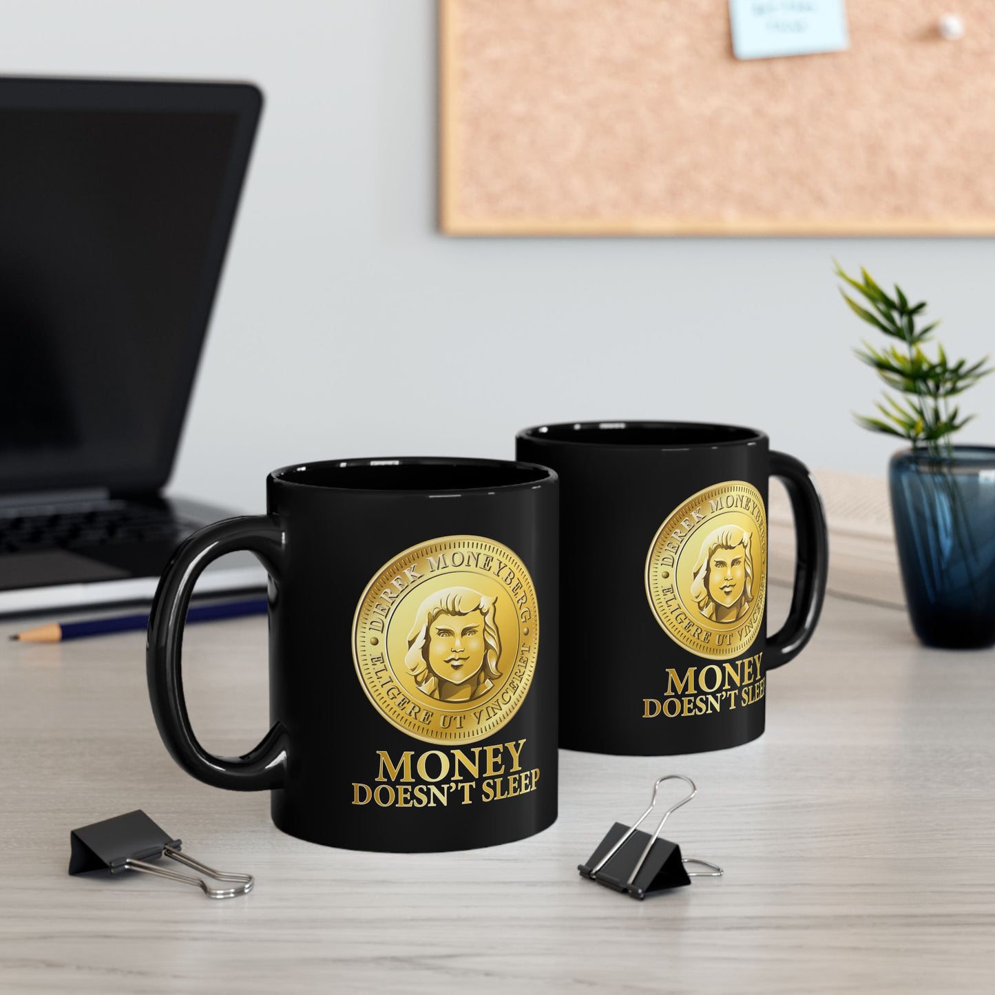 Mug, 11 oz Black - Money Doesn't Sleep Coin