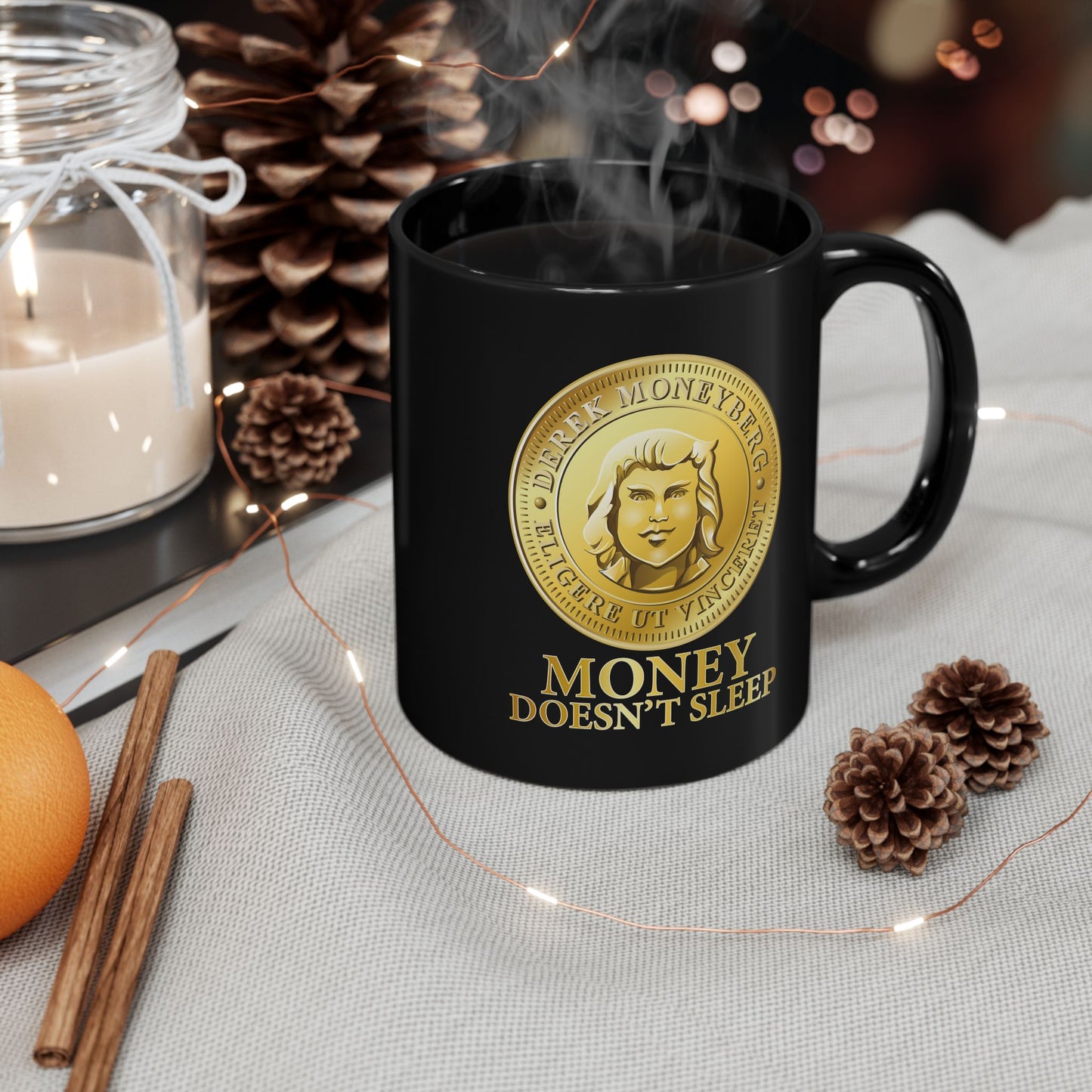 Mug, 11 oz Black - Money Doesn't Sleep Coin