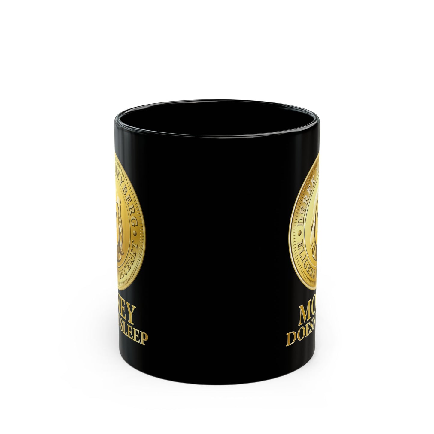 Mug, 11 oz Black - Money Doesn't Sleep Coin