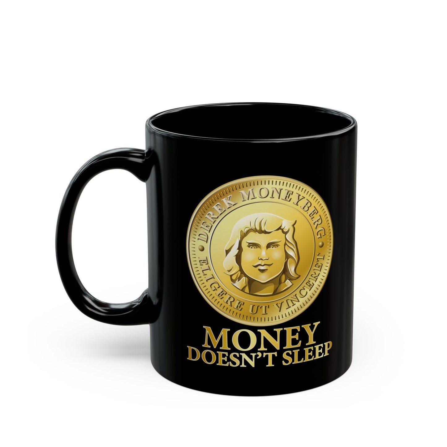 Mug, 11 oz Black - Money Doesn't Sleep Coin