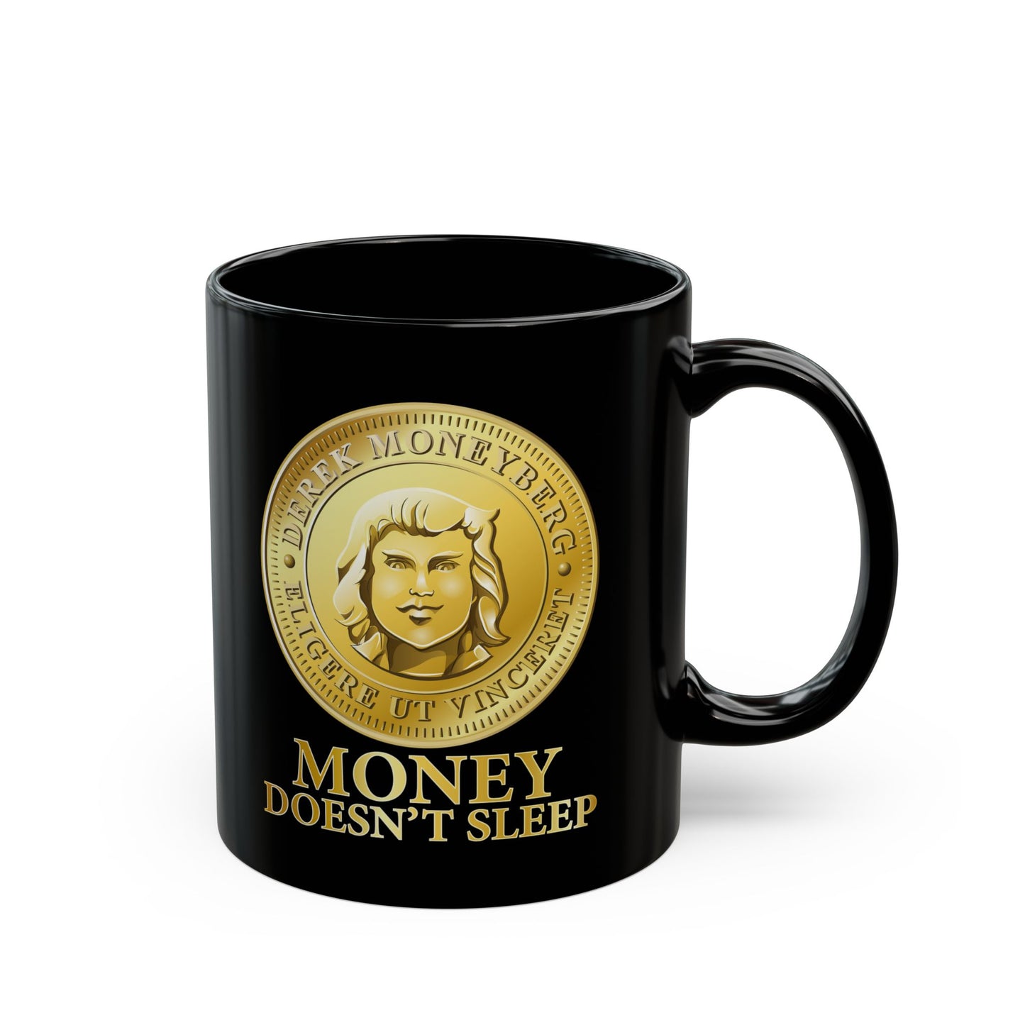 Mug, 11 oz Black - Money Doesn't Sleep Coin